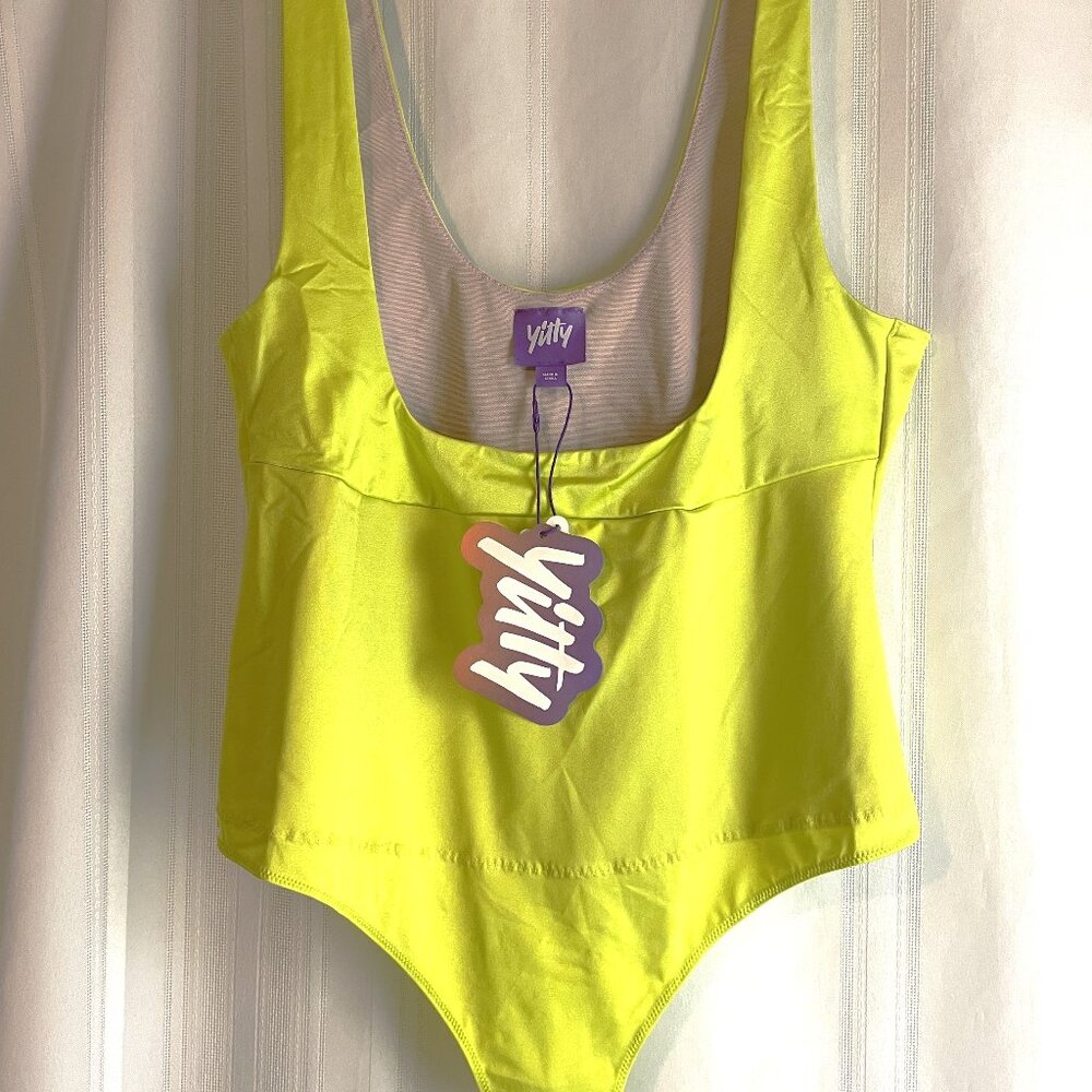 NWT YITTY Shapewear 1X Thong Bodysuit Open Bust Limelight Yellow